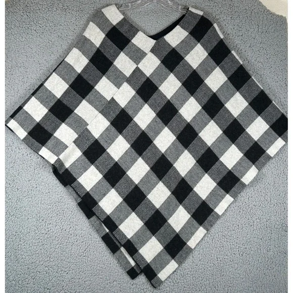 Lauren Ralph Lauren L/XL Black Ivory Plaid Fringe Wool Blend Poncho - Picture 2 of 9